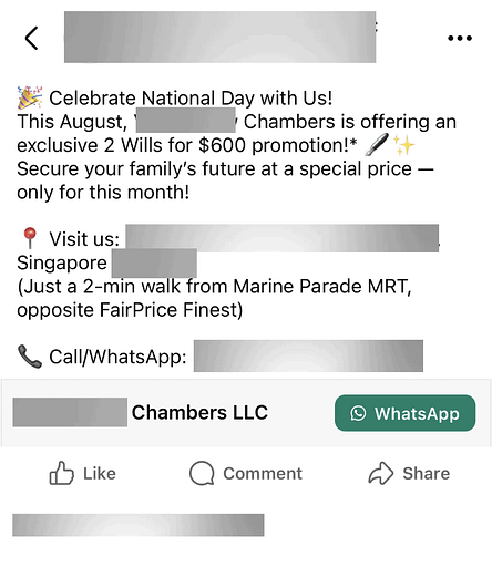 Facebook Ad run by a Law Firm in Singapore
