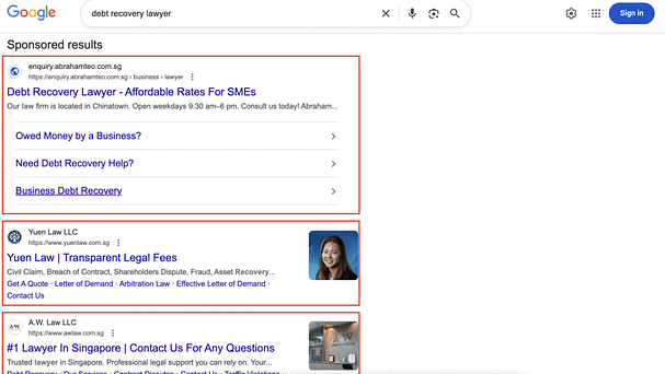 Singapore Google SERP Results for 'Debt Recovery Lawyer'