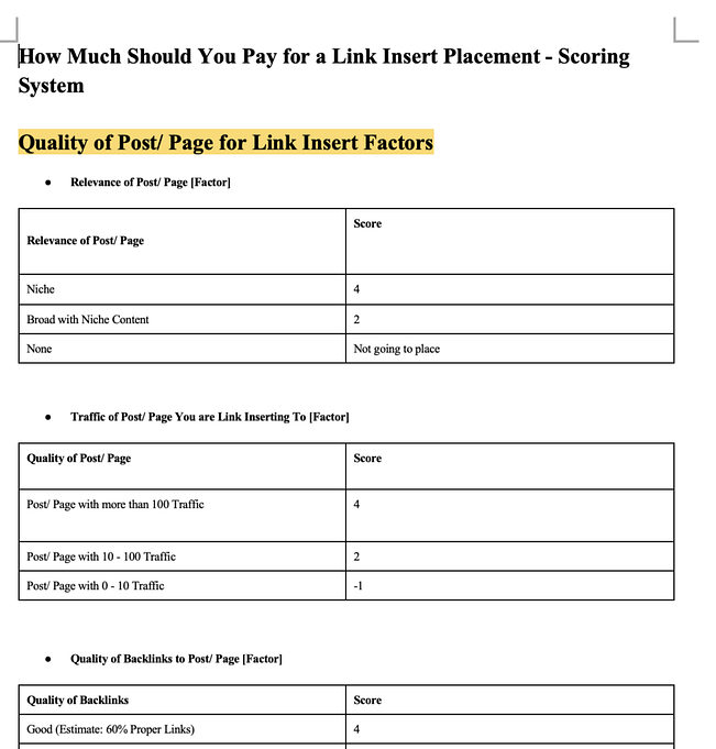 SEO Link Pricing Table Example