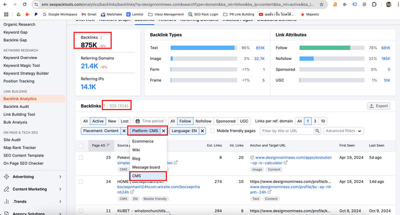 Filters in Semrush