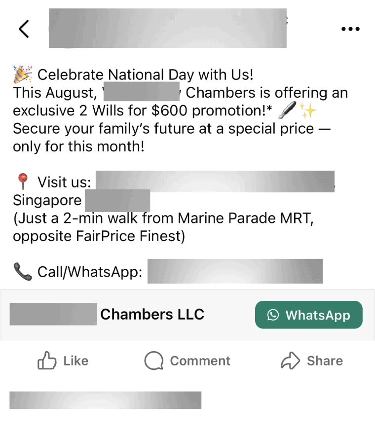 Facebook Ad run by a Law Firm in Singapore
